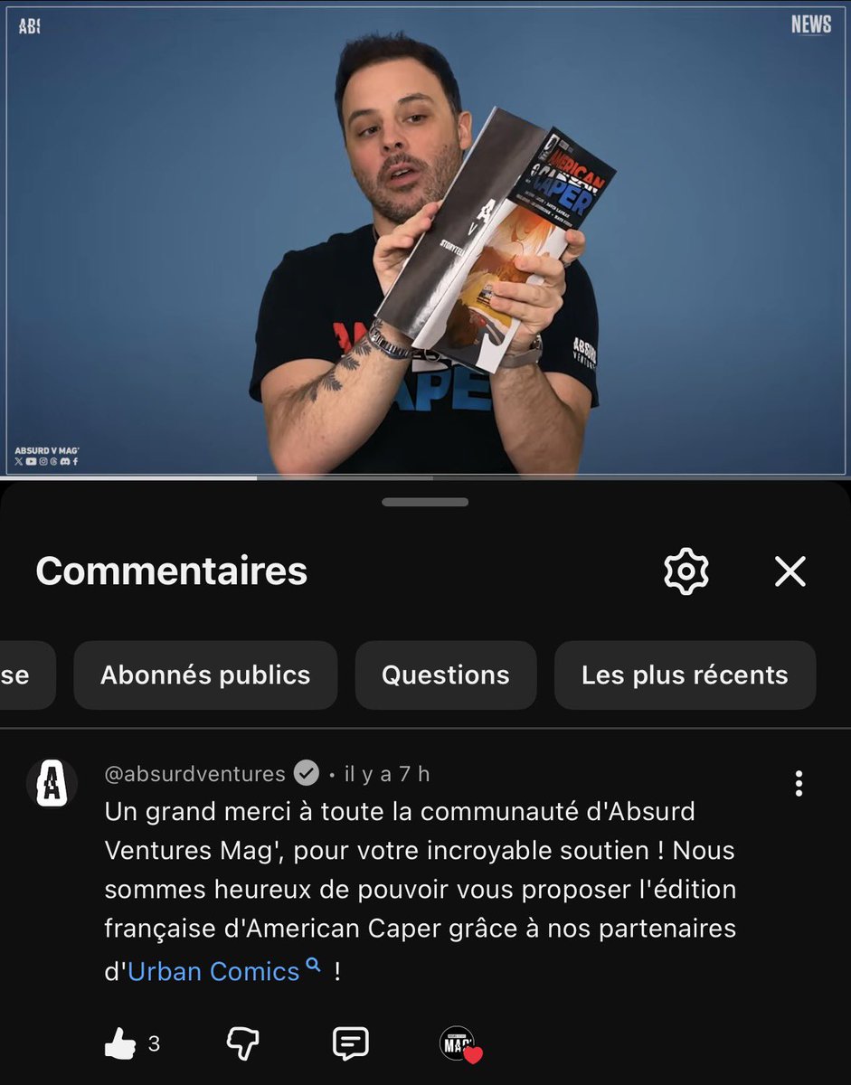 AbsurdVMag's tweet photo. Hey la commu ! 👋🏻 
Les équipes de @AbsurdVentures ont un petit message pour vous ! ✨🙏🏻

Un grand merci pour cette attention. 
La communauté française a hâte de découvrir #AmericanCaper ! 🔥 https://t.co/FezV6MQSOO