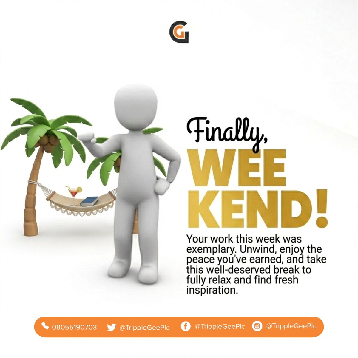 3Gplc's tweet image. Closed the week with excellence. Opening the weekend with ease.
Recharge. Refresh. Return stronger. Happy Weekend from Tripple Gee.
#weekend #rest #recharge #tripplegee