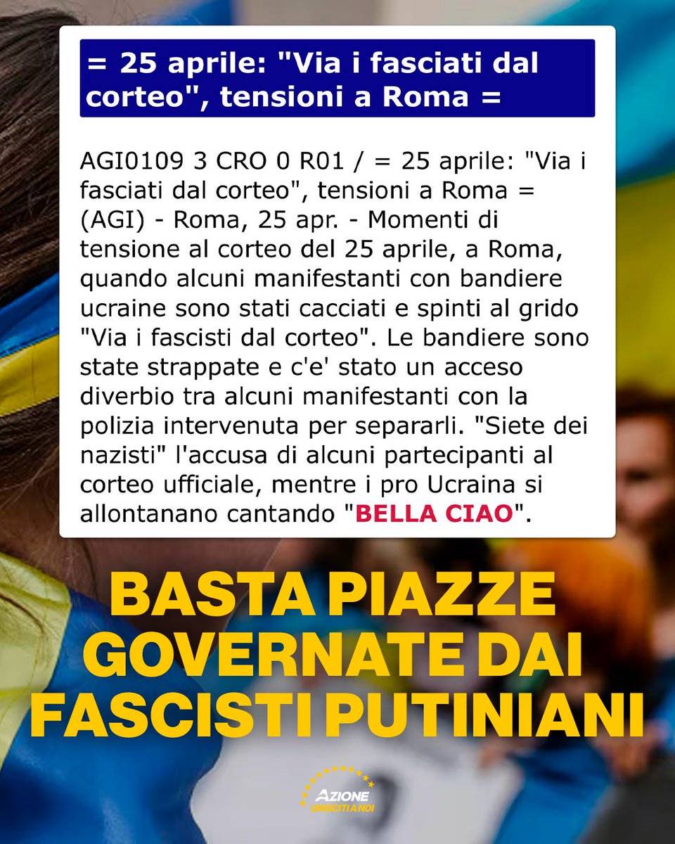 Fascisti rossi a Roma cacciano dal corteo le bandiere ucraine. Vergogna! 

650 tra droni e missili russi hanno colpito l’ucraina ieri. Siete indegni di parlare di resistenti e partigiani. Chiedo un’immediata presa di distanze della sinistra parlamentare. Basta piazze governate