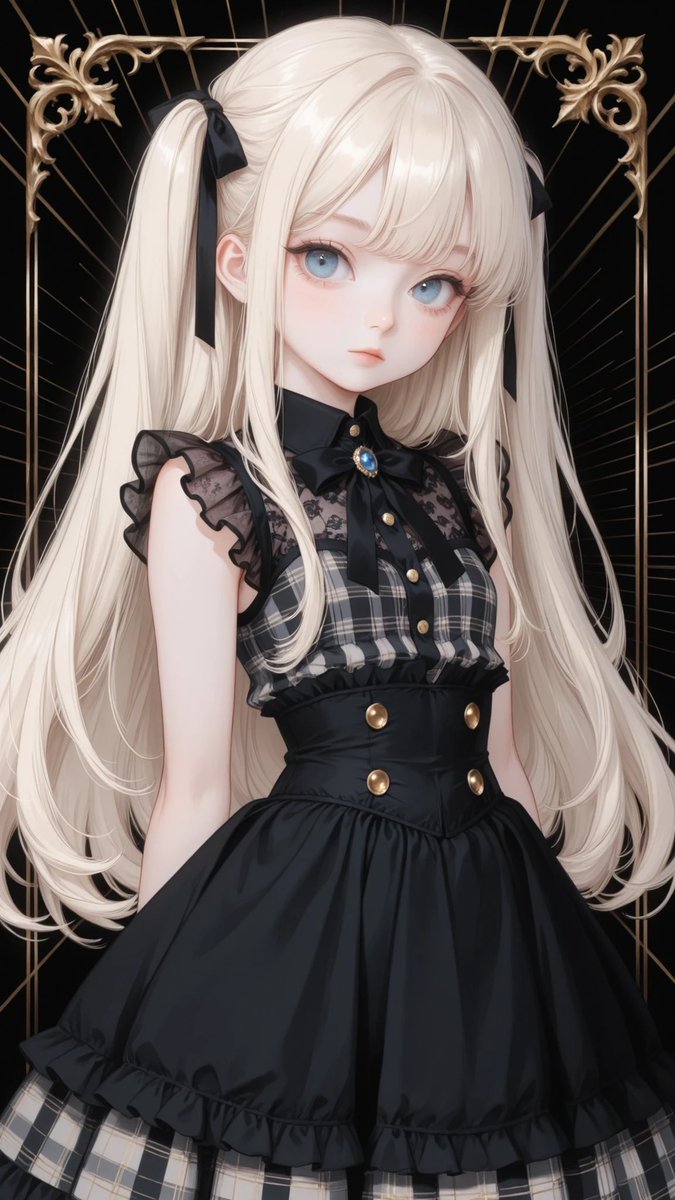 AliceLavli's tweet image. チェック柄のドレスのプロンプトです✨
black dress, sleeveless, high neck collar, sheer lace mesh panel at upper chest with floral lace texture, ruffled armhole frills, small black ribbon bow at collar with blue jewel brooch, fitted bodice with visible gray plaid pattern on bodice