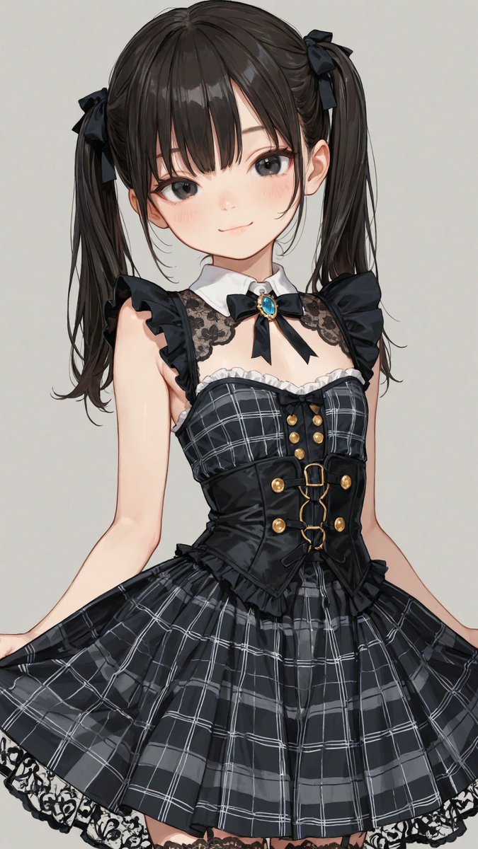 AliceLavli's tweet image. チェック柄のドレスのプロンプトです✨
black dress, sleeveless, high neck collar, sheer lace mesh panel at upper chest with floral lace texture, ruffled armhole frills, small black ribbon bow at collar with blue jewel brooch, fitted bodice with visible gray plaid pattern on bodice