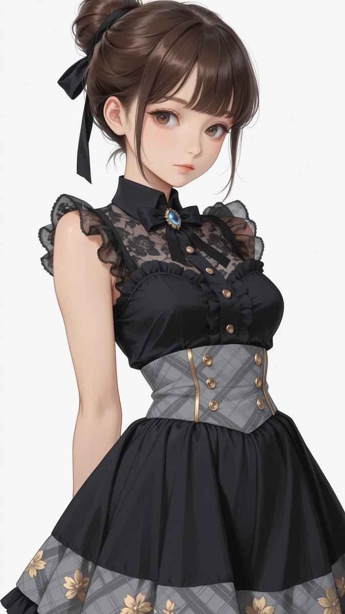 AliceLavli's tweet image. チェック柄のドレスのプロンプトです✨
black dress, sleeveless, high neck collar, sheer lace mesh panel at upper chest with floral lace texture, ruffled armhole frills, small black ribbon bow at collar with blue jewel brooch, fitted bodice with visible gray plaid pattern on bodice