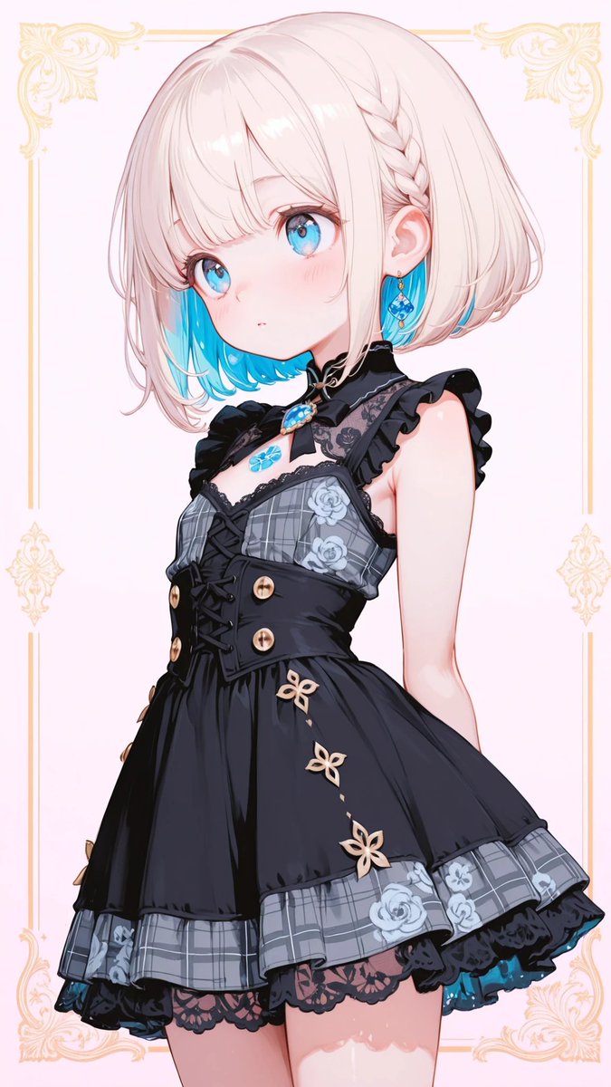 AliceLavli's tweet image. チェック柄のドレスのプロンプトです✨
black dress, sleeveless, high neck collar, sheer lace mesh panel at upper chest with floral lace texture, ruffled armhole frills, small black ribbon bow at collar with blue jewel brooch, fitted bodice with visible gray plaid pattern on bodice