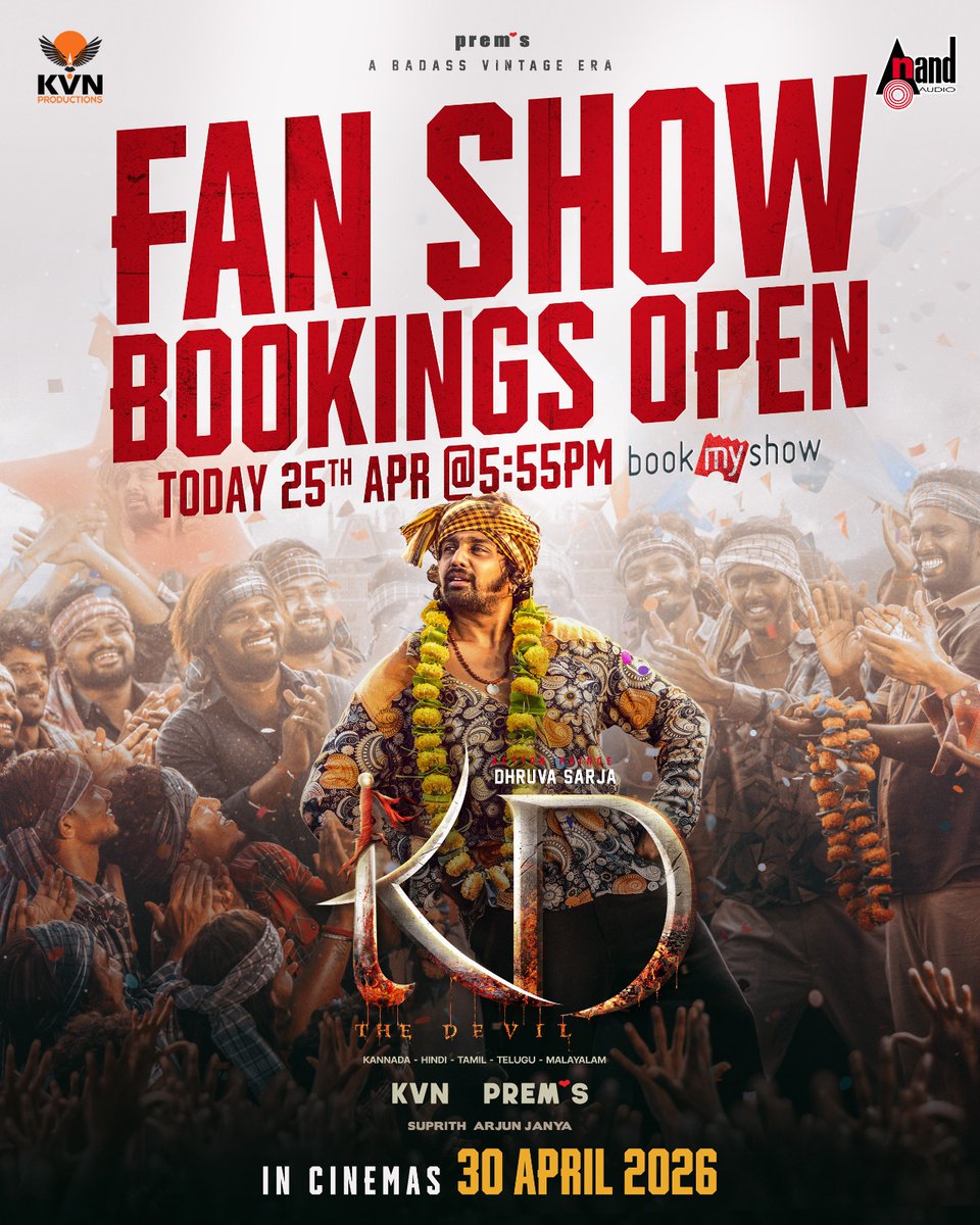 RocketRajaxx's tweet photo. #KDTheDevil - Fan show bookings opening today at 5:55 PM on BookMyShow.
#KDTheDevilOn30Apr
#KDTheDevil #DhruvaSarja #DSBoss https://t.co/4PJLScxMUS