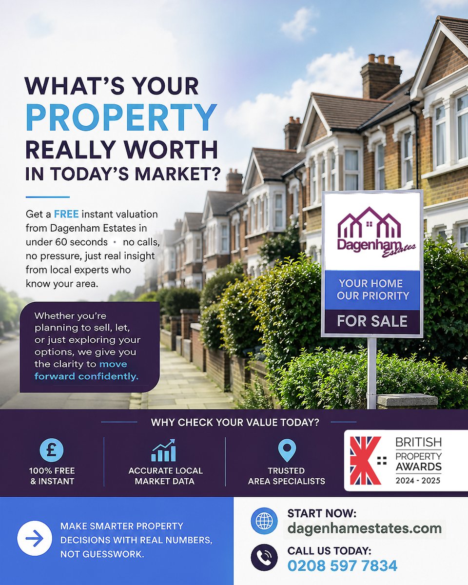 DagenhamE19046's tweet image. 🏡 What’s your property actually worth right now? 💷

Get a FREE online instant valuation in 60 seconds

✅ Fast ✅ Accurate ✅ Local experts

👉 dagenhamestates.com

#Property #UKProperty #LondonHomes #EstateAgents #FreeValuation