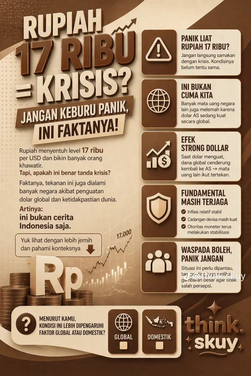 AiAsrisaja's tweet image. Rupiah 17 ribu = krisis? ❌
Bukan cuma kita, semua negara kena dampak dolar kuat🌍
Ekonomi kita masih aman, BI juga terus kerja
Waspada ya, panik jangan! #JagaIndonesia
#indonesia 
#ekonomi