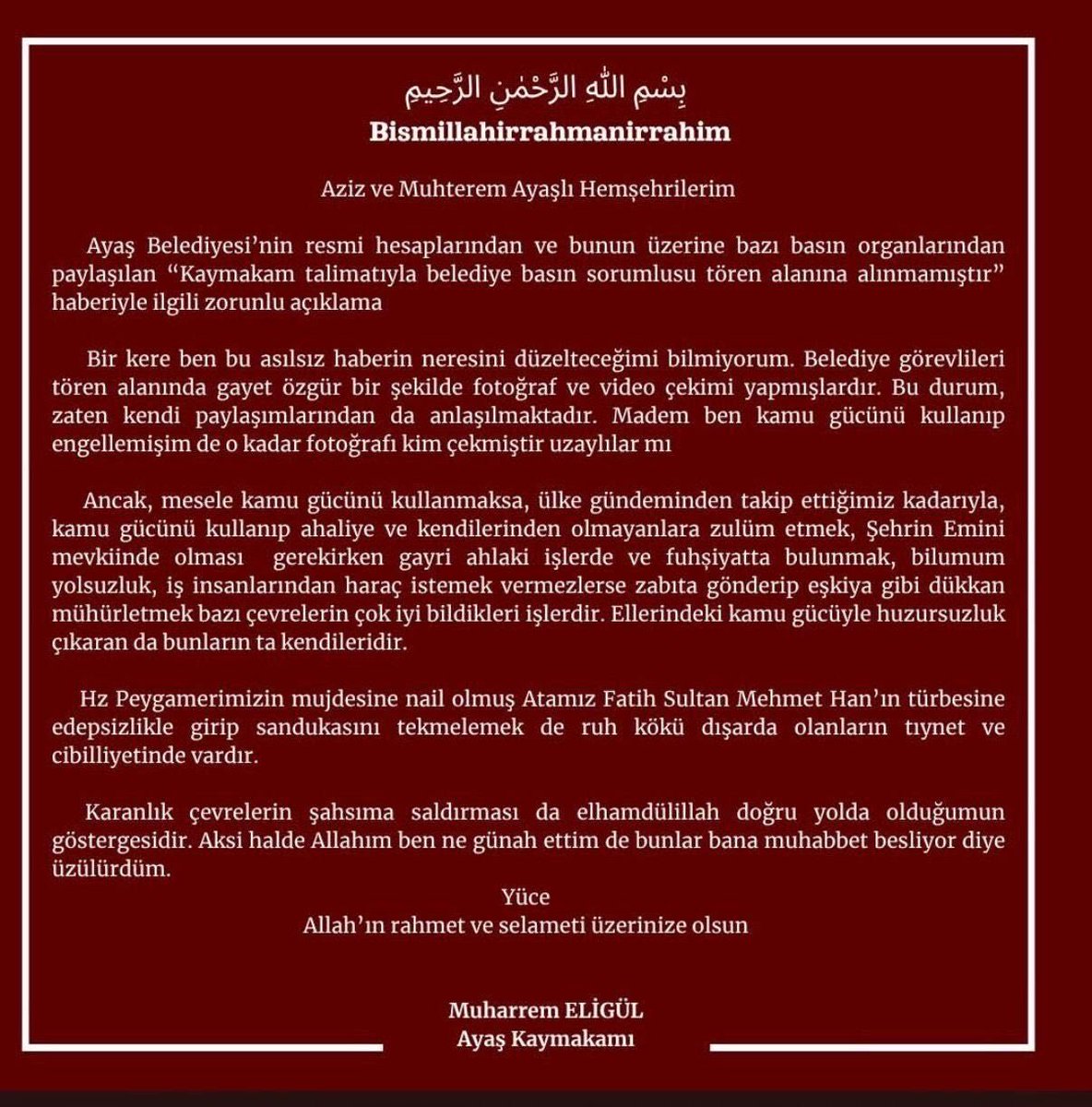 🔴 GÜNDEM 
Dünden beri, yaptığı paylaşımdan dolayı Ankara  Valiliği tarafından hakkında soruşturma açılan Kırıkkale doğumlu Ayaş Kaymakamı hakkındaki paylaşımları görüyorum. 

Hemşehrimiz olması iltimas geçilmesini mi gerektirir.?
Paylaşımında kullandığı dil bir devlet adamının