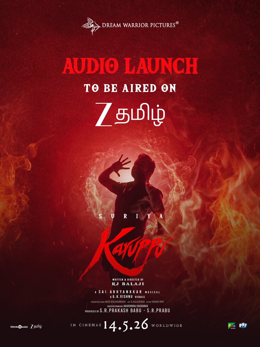 DreamWarriorpic's tweet photo. Witness every memorable moment from the event 📺

#KaruppuAudioLaunch - to be aired on @ZeeTamil.

#Karuppu - Worldwide in theatres, on May 14th 2026!

A @SaiAbhyankkar Musical 🎶 

@Suriya_offl @trishtrashers @RJ_Balaji @dop_gkvishnu @prabhu_sr #Indrans @natty_nataraj #Swasika @SshivadaOffcl #SupreethReddy #AnaghaMayaRavi #VikramMor @kalaivananoffl #ArunVenjaramoodu @PraveenRaja_Off @PenMovies @PharsFilm @thinkmusicindia @KaruppuMovie @DreamWarriorpic 

#KaruppuFromMay14