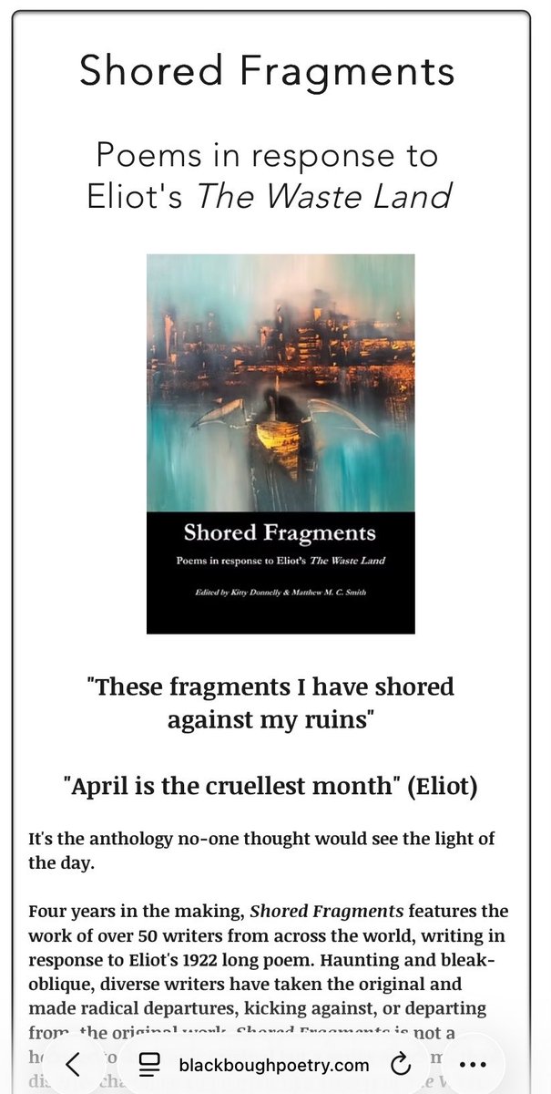blackboughpoems's tweet photo. 🔥 🔥 🔥 RELEASED 🔥 🔥 🔥 

‘Shored Fragments: Poems in Response to Eliot’s The Waste Land.’

Edited by @MatthewMCSmith &amp; Kitty Donnelly with over 50 writers and art by Fran Williams. Earlybird price for one week. 

https://t.co/31FqON8UkN

#eliot #wasteland @TSEliotSocUK https://t.co/RFAgdaHS5R