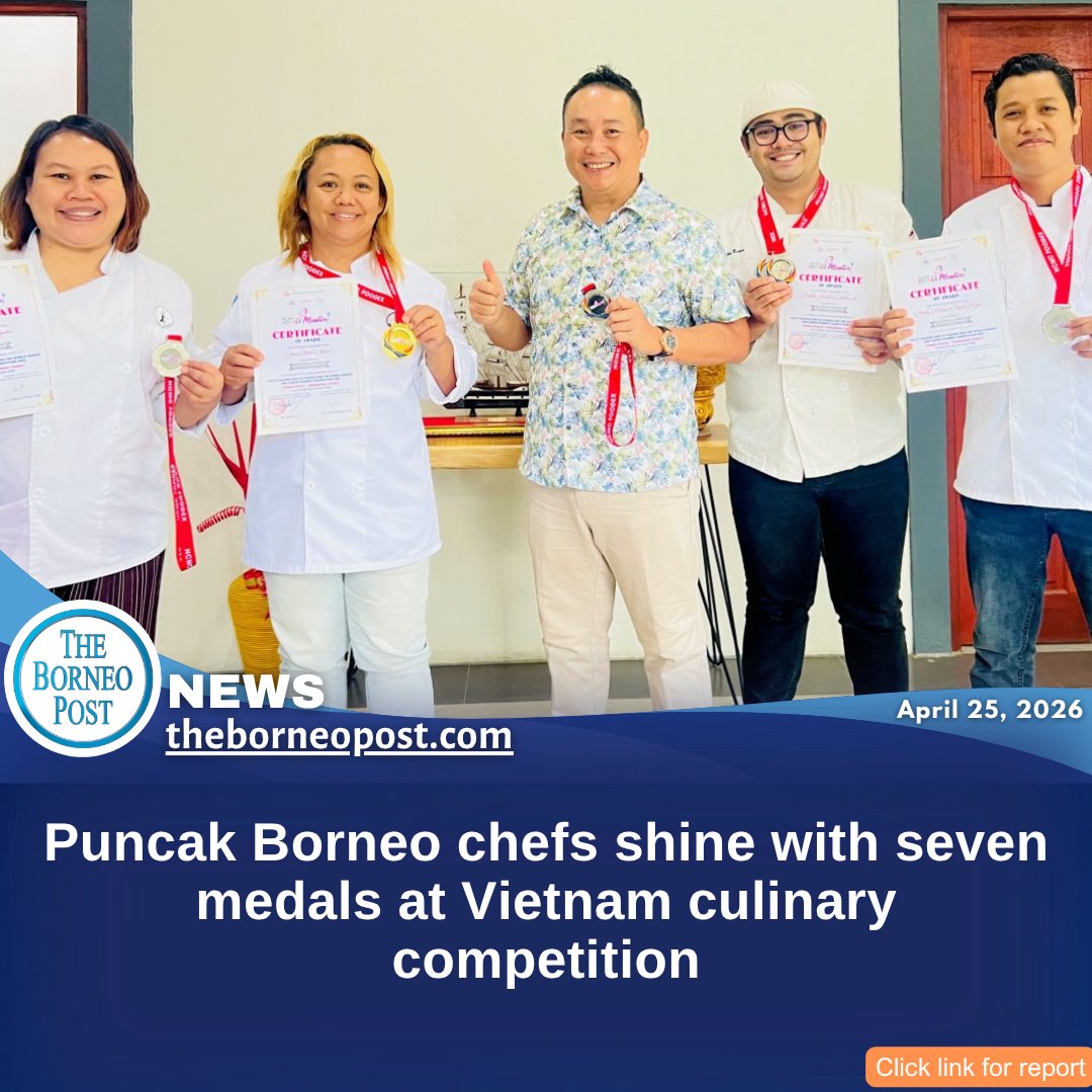 theborneopost's tweet image. Puncak Borneo chefs shine at Foodex 2026 in Vietnam, winning 7 medals (1 gold, 5 silver, 1 bronze) while promoting Sarawak’s heritage cuisine &amp;amp; mentoring young talent.
theborneopost.com/2026/04/25/pun…

#Sarawak #PuncakBorneo #Foodex2026