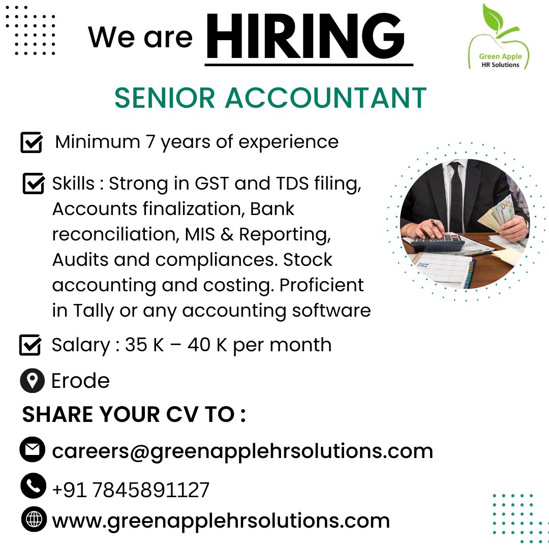 greenapplehr's tweet image. We are looking for SENIOR ACCOUNTANT with minimum 7 years of experience

Click here to apply : greenapplehrsolutions.com/JobDetails?job…

#greenapplehrsolutions #gst #accountant #Tds #accountsfinalization #tds #senioraccountant #audit #jobsincoimbatore #hiring