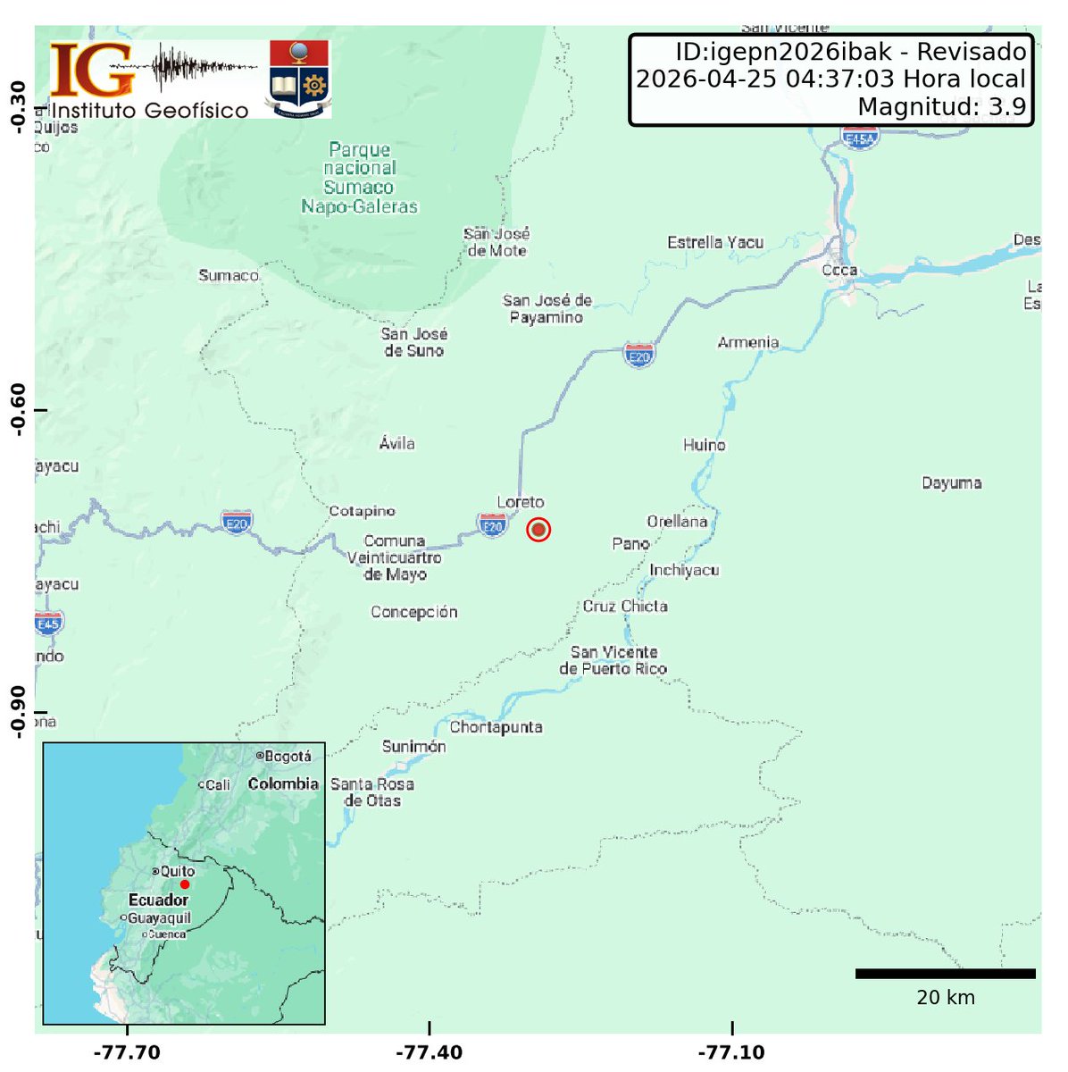 [REVISADO]
Evento: igepn2026ibak
Ocurrido: 2026-04-25 04:37:03
Mag.: 3.9MLv
Prof.: 20.0 km
Lat.: 0.719° S
Long.: 77.292° W
Localizado: a 43.78 km de Puerto Francisco de Orellana, Orellana
Sintió este sismo? Repórtelo: servicios.igepn.edu.ec/url/NzY4Nw==