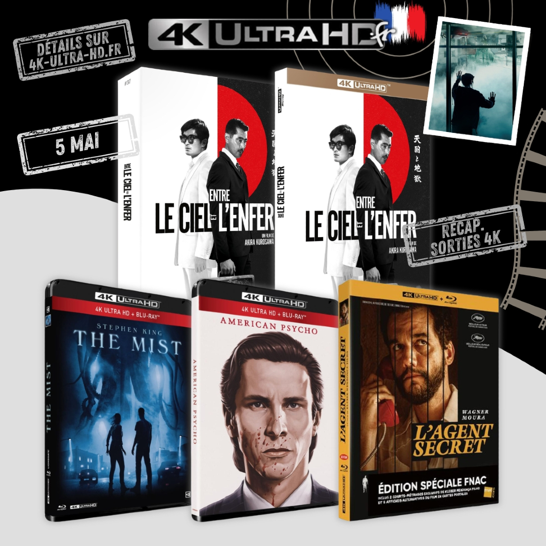 4KultrahdFR's tweet image. 📌 Le Point 4K – 𝗠𝗮𝗿𝗱𝗶 𝟬𝟱 𝗠𝗮𝗶 𝟮𝟬𝟮𝟲 🇫🇷  
Les sorties :  
• Entre le Ciel et l'Enfer (2 éditions)
• L'Agent Secret
• American Psycho
• The Mist

𝗩𝗼𝗶𝗿 𝗹𝗲 𝗽𝗿𝗼𝗴𝗿𝗮𝗺𝗺𝗲 ➡ 4k-ultra-hd.fr/sorties-4k/mai…

#BluRay4K #4KUltraHD #4KultrahdFR