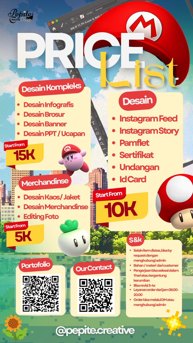 PepiteDesign_'s tweet image. OPEN JOKI COMMISION
jasa desain grafis utk tugas sekolah maupun lainnya, kami siap membantu.
PPT, Poster, Banner, Pamflet, Feed Instagram, Story Instagram, Ucapan Birthday dll, Desain Brosur
#zonauangᅠ
#trusted 
#jasaposter 
#jasaedit 
#jasadesain 
wts wtb jasa desain terjangkau