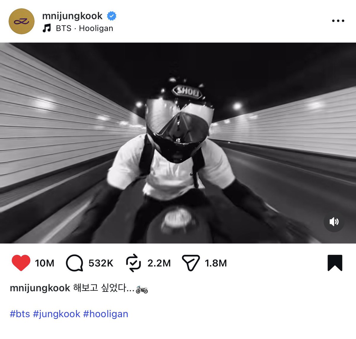 Jungkook’s “Hooligan” biker trend video has surpassed 10 million likes!

instagram.com/reel/DXaJjNMk_…
