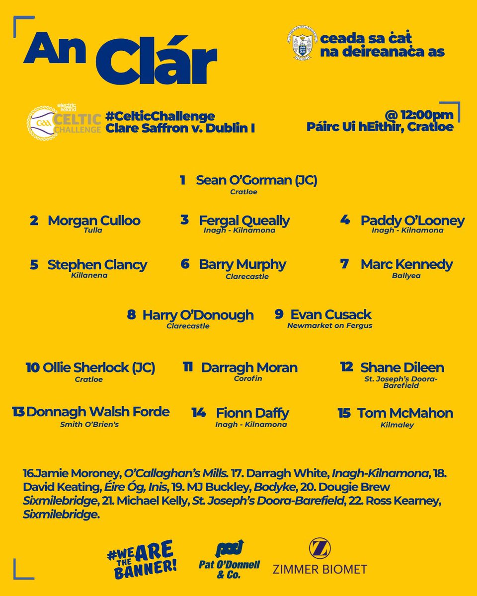 GaaClare's tweet photo. Our Celtic Challenge Under 17 hurlers are back in action again today when they line up against two Dublin sides in Cratloe and make the trip to Milford to take on Cork . 

Best of luck to all the lads 💪🟡🔵

- Clare Saffron Vs Dublin @12.00 in Cratloe 
- ⁠Clare White Vs Dublin @1.15 in Cratloe 
- ⁠Clare Blue Vs Cork @1.00 in Milford