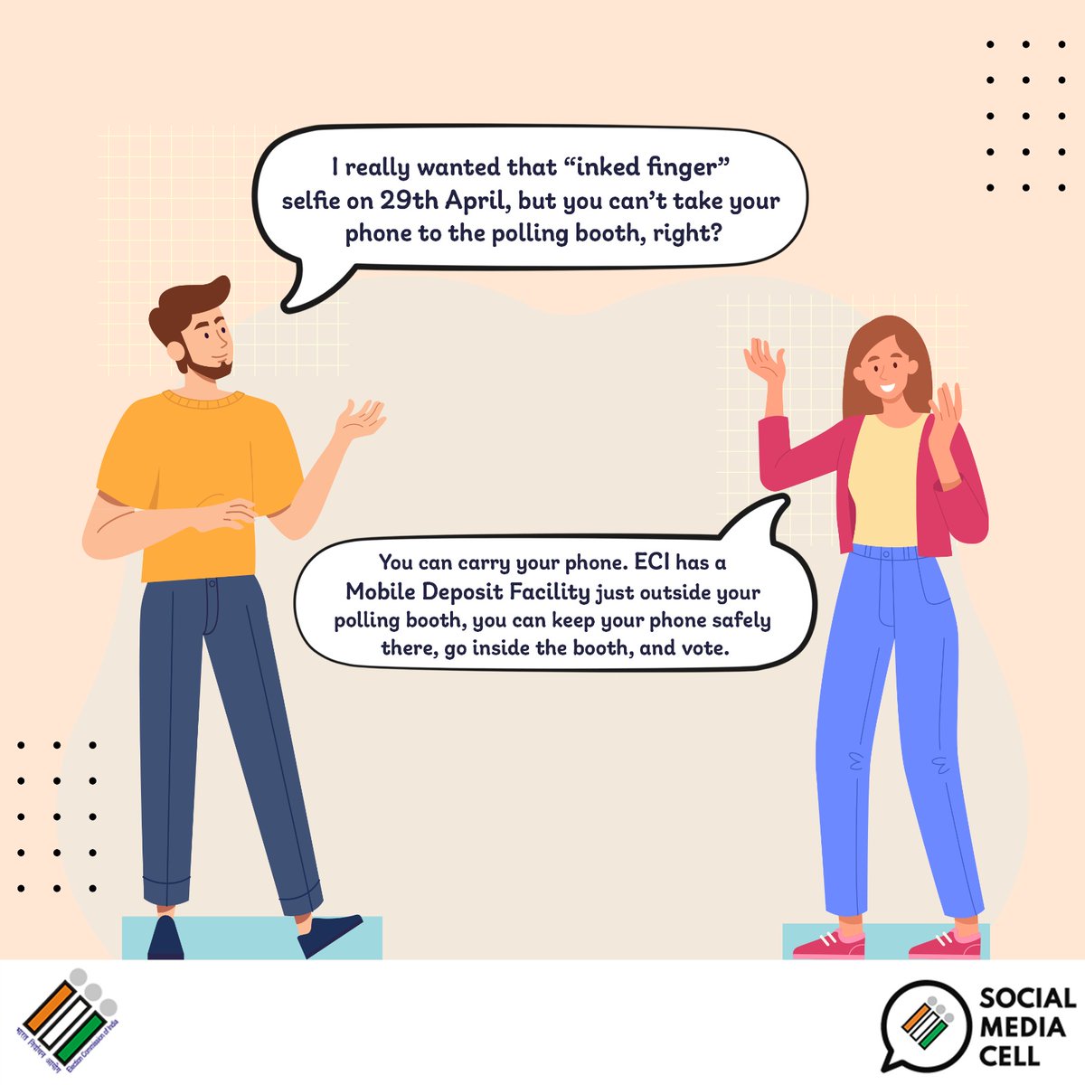ECISVEEP's tweet image. Want that inked finger selfie?📸

Carry your phone with ease just use the Mobile Deposit Facility at your polling station. 

Come out and cast your vote on 29 April

#VoteWithEase #NothingLikeVoting #ElectionDay #WestBengalAssemblyElections2026 #ECI