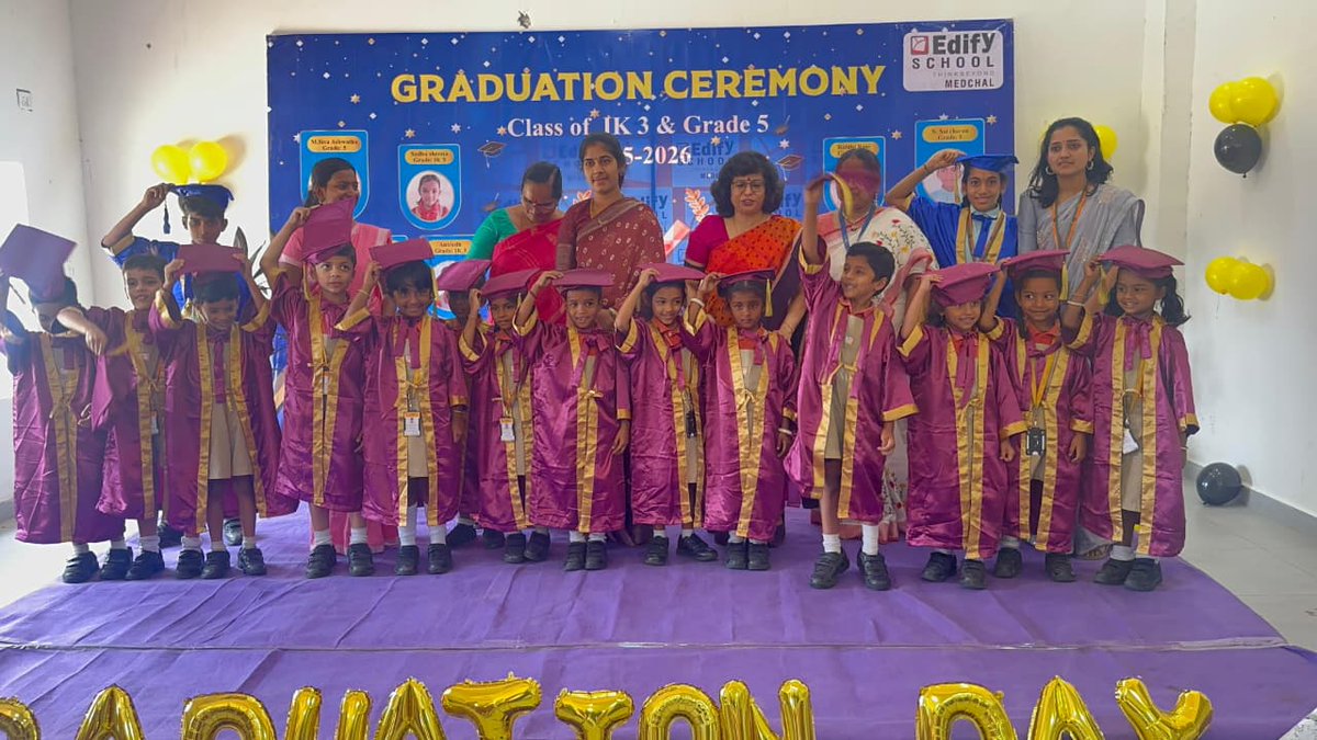 EdifyMedchal's tweet photo. Edify School celebrated IK3 &amp; Grade 5 Graduation Day with Smt. Sridevi. Students received scrolls &amp; special titles, followed by a dance performance. Ended with thanks &amp; the National Anthem.

#EdifySchool #GraduationDay #ProudMoment #FutureLeaders #StudentSuccess #SchoolPride https://t.co/Q0drjME37Y