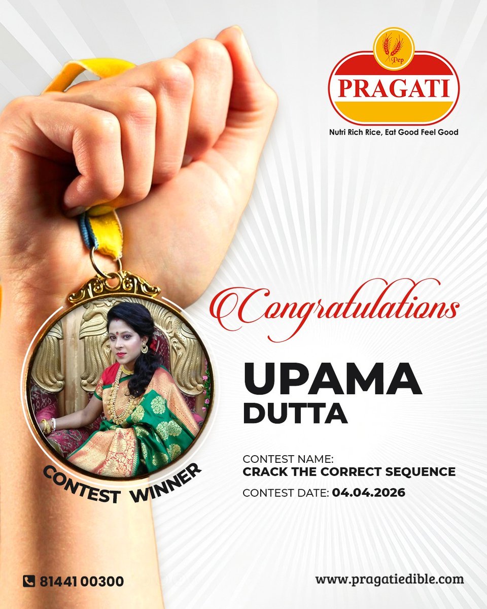 PragatiEdibles's tweet image. We're announcing the #Winner of 𝐂𝐫𝐚𝐜𝐤 𝐓𝐡𝐞 𝐂𝐨𝐫𝐫𝐞𝐜𝐭 𝐒𝐞𝐪𝐮𝐞𝐧𝐜𝐞 #Contest!

Congratulations to 𝐔𝐩𝐚𝐦𝐚 𝐃𝐮𝐭𝐭𝐚 

Contest link -  instagram.com/p/DWsrSHFjToW/
.
.
#Pragati #Rice #NutriRichRice #ContestWinner #ContestAlert #ContestTime #Giveaway #PrizeDraw