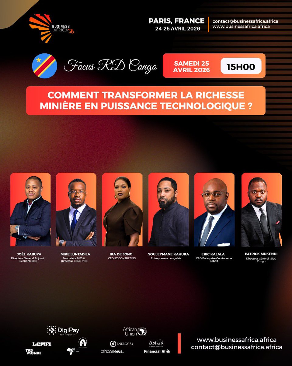 ikadejong's tweet photo. Cet après-midi à Paris, j’aurai l’honneur d’intervenir au Forum #BUSINESSAFRICA , aux côtés de grandes figures engagées dans la valorisation du secteur minier en République démocratique du Congo.

Nous mettrons en lumière les atouts, les opportunités et les perspectives de ce secteur stratégique, au cœur du développement économique du pays.

Un moment d’échange important pour promouvoir le potentiel congolais et contribuer à une vision ambitieuse pour l’avenir.