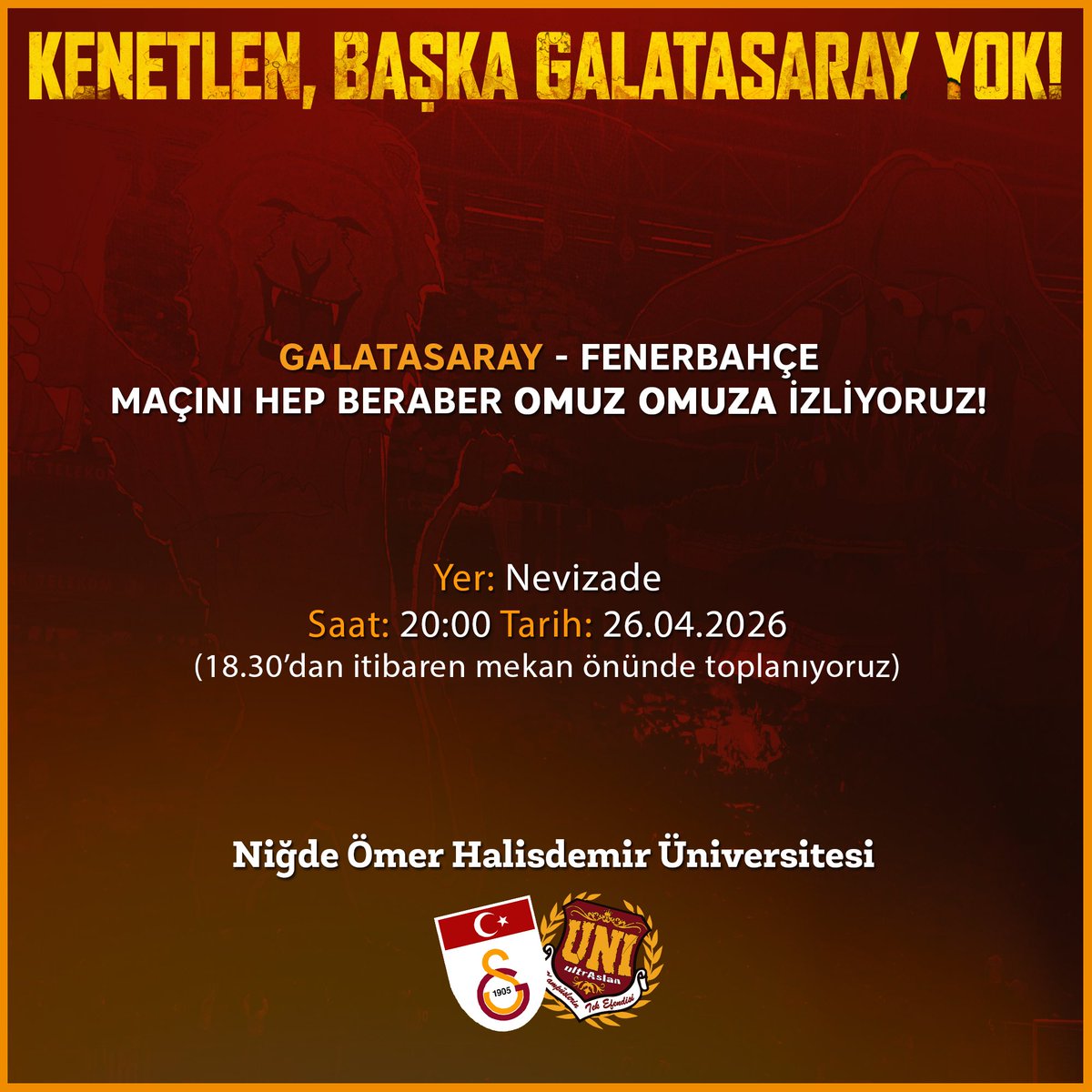 uAUNINigde_'s tweet photo. İKİ DİLEĞİM VAR CİMBOMBOM!

GALATASARAY’ımızın fener ile olan maçını hep beraber mekanımızda omuz omuza izliyoruz!

#ultrAslanUNI #uAUNINİĞDE https://t.co/tCUSa0dVaF
