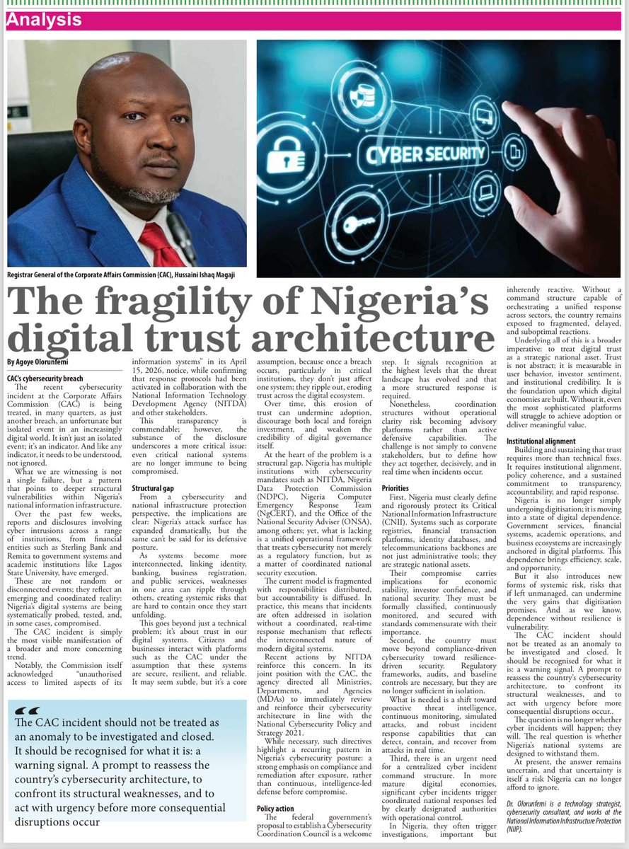 Featured in Blueprint Newspaper today.

Nigeria’s cybersecurity gaps are no longer hidden, they’re exposed.

Time to rethink, rebuild, and secure our digital future.