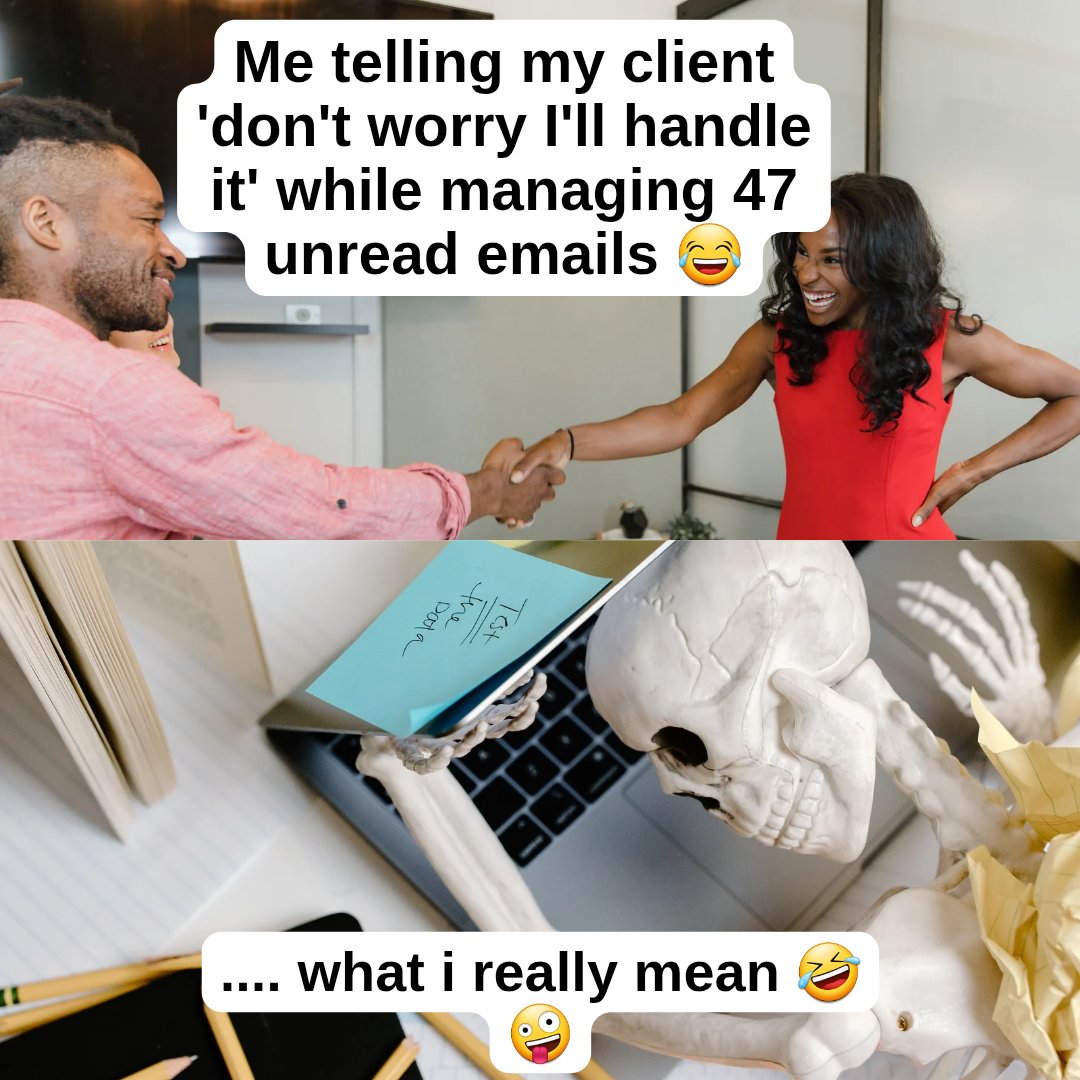 daniela_ij81351's tweet image. Me telling my client 'don't worry, I'll handle it while managing 47 unread emails at the same time 😂 This is the VA life and we wouldn't trade it for anything 💙 
Tag a VA who can relate 👇 #VirtualAssistant #VAlife #WorkFromHome