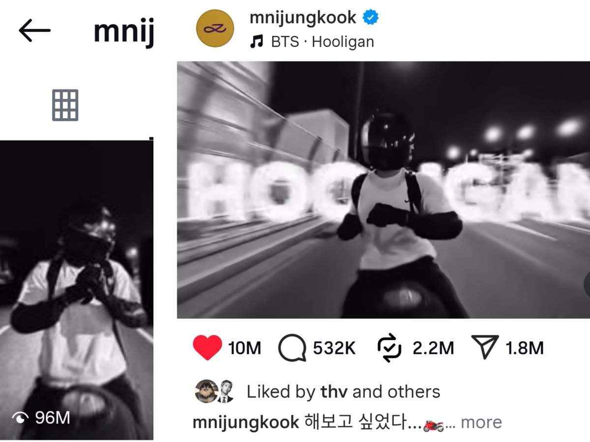 Jungkook's 'Hooligan x Motorcycle' reel has surpassed 96M views, 10M likes, 2.2M reposts, and 1.8M shares on IG 🔥