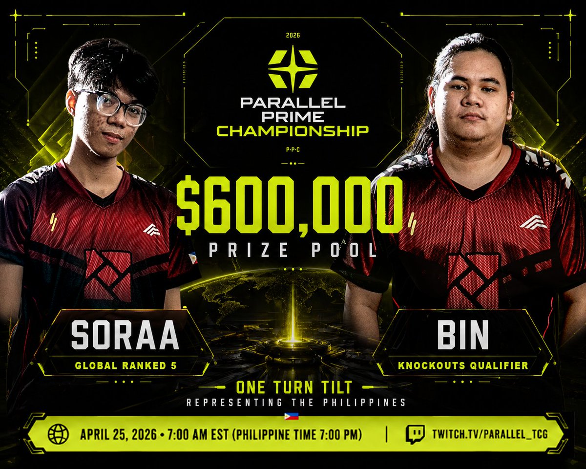 🚨 1 HOUR to GO 🚨

The Parallel Prime World Championships are about to begin.

Soraa and Bin are ready. 

💰 $600,000 prize pool.

Watch on Twitch:
twitch.tv/parallel_tcg

<a href="/OneTurnTILT/">One Turn T!LT //</a>  <a href="/ParallelTCG/">Parallel</a>  <a href="/eSportsPH/">Philippine eSports</a> <a href="/GABPilipinas/">Games and Amusements Board</a> <a href="/inquirerdotnet/">Inquirer</a> <a href="/philstarbrk/">PhStar Breaking News</a> <a href="/bitpinas/">BitPinas</a> <a href="/YGGAlerts/">YGG Alerts</a>