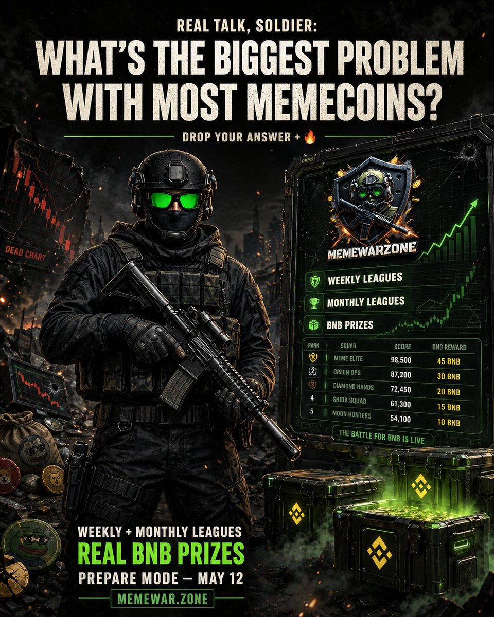 memewarzone's tweet photo. Real talk, soldier:
What’s the biggest problem with most memecoins right now? 👇
Drop your answer + 🔥
(We’re fixing it with weekly & monthly leagues + real BNB prizes, Prepare Mode drops May 12)
#MemeWarZone #Memecoins