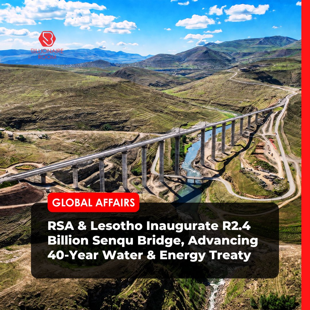 BillionaireRSA's tweet image. South Africa &amp;amp; Lesotho open the R2.4bn Senqu Bridge, 825m, 40 years in the making, 250,000 person-days of jobs created.

Phase II of the LHWP will push water supply capacity up 63% once complete.

Africa executes.

Full story → billionaireroom.com/1202/

#SenquBridge #RSA #Lesotho