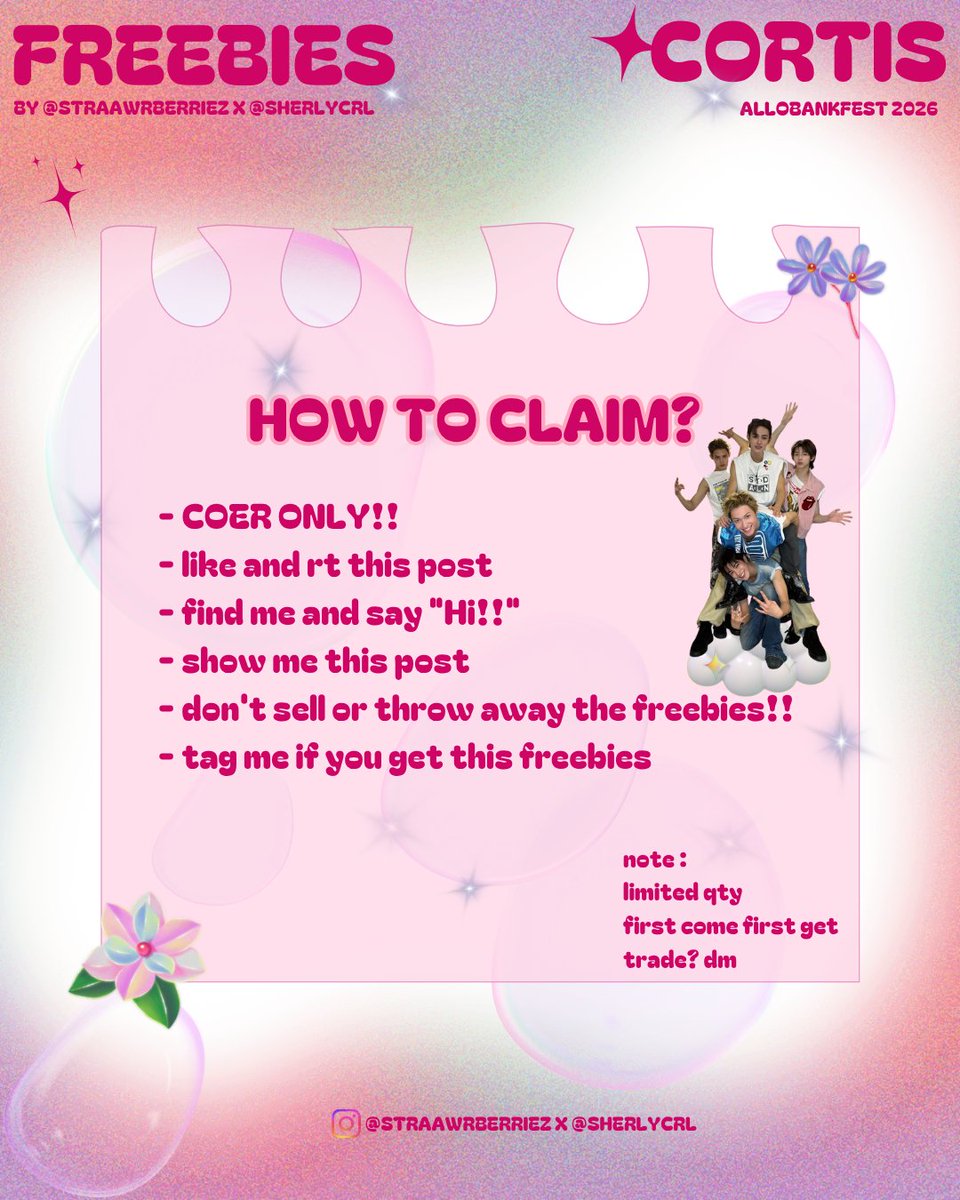 🎀 CORTIS AlloFest 2026 🎀
freebies by straawrberriez X sherlycrl (on IG) 

📅 : 20 Juni 2026
📍 : Indonesia Arena (place &amp; time TBA)

✦ how to claim? 
🎀 COER only. 
🎀 Like &amp; RT. 
🎀 find me and say HI!! 
🎀 Show me this post.
🎀 Don't sell or throw away
       See you,COER ♡