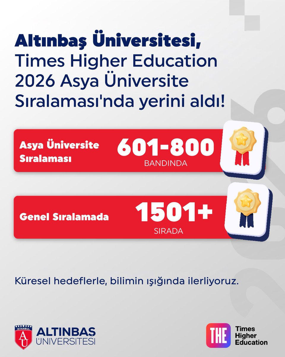 AltinbasUniv's tweet photo. Altınbaş Üniversitesi olarak, dünyanın en saygın derecelendirme kuruluşlarından biri olan Times Higher Education (THE) Asia University Rankings 2026 listesinde yer almanın gururunu yaşıyoruz.
Bilimin ışığında ve evrensel değerlerle donatılmış eğitim anlayışımızla sadece bilgi üretmekle kalmıyor, araştırmalarımızla dünyaya değer katarken global hedeflerimize de emin adımlarla ilerliyoruz. Geleceği bugünden inşa etme vizyonumuza ortak olan, bu başarıda emeği geçen tüm akademik kadromuza ve öğrencilerimize sonsuz teşekkürler. 🎓❤️

-

As Altınbaş University, we are proud to be ranked in the Times Higher Education (THE) Asia University Rankings 2026, one of the world's most prestigious ranking institutions.

With an educational approach guided by the light of science and enriched by universal values, we do more than just produce knowledge; we add value to the world through our research while moving decisively toward our global goals. We extend our deepest gratitude to our academic staff and students for sharing our vision of building the future today and for their invaluable contributions to this success. 🎓❤️

#THEAsia #THEUniRankings