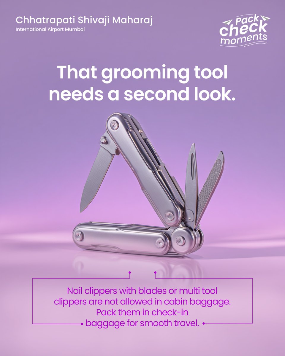 CSMIA_Official's tweet photo. A quick check of your grooming tools can save you time at security.
Ensure everything is packed correctly for a hassle-free journey.

 #CSMIA #PackCheckMoments #TravelSmart #RestrictedItems https://t.co/gorEVrfOO7