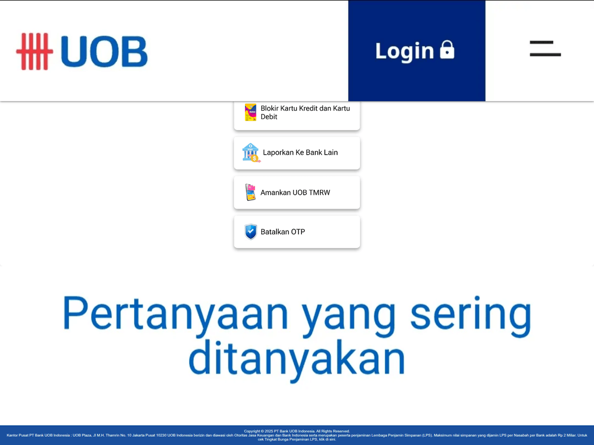 Friday_SOL's tweet photo. Gw cek link-nya pakai https://t.co/nQEqwML1Ad, tanpa harus buka langsung.

Hasilnya? Link https://t.co/SgdUw4Nz6r redirect ke https://t.co/k9bjIQoP1v ini adalah website palsu yang tampilannya 1:1 mirip UOB asli. Lengkap sama logo, menu "Blokir Kartu", "Batalkan OTP".

Domain umurnya baru 3 hari. Dibuat khusus buat nipu.
