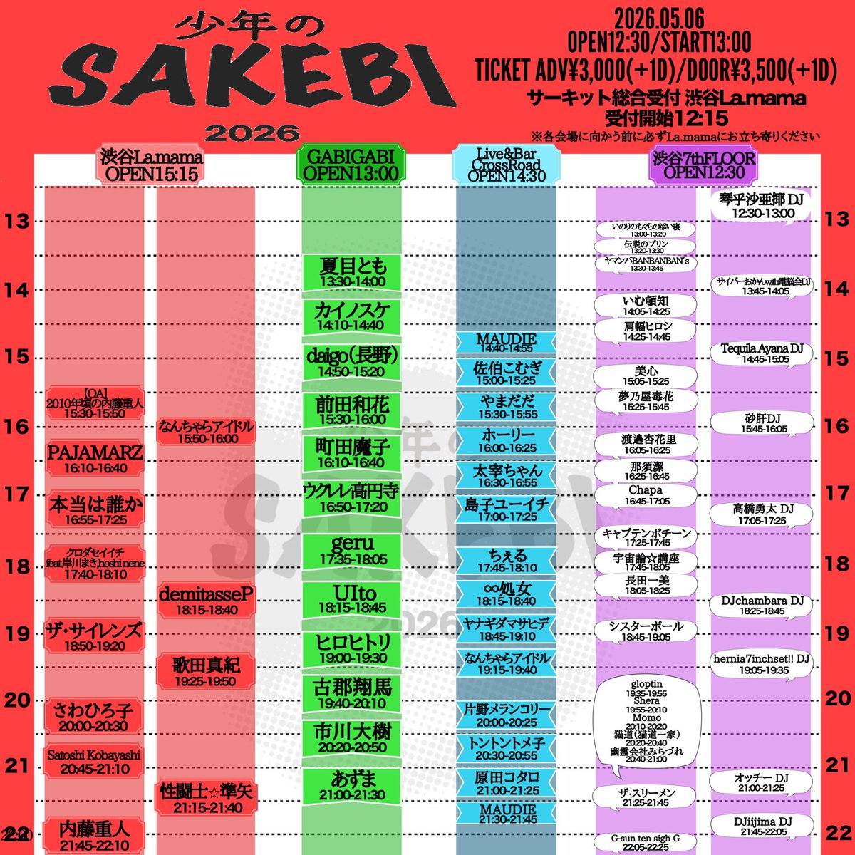 遂に5/6まで残すところ11日となりました！！！！！！
GABIGABIはこの12名の熱い曲揃いとなります！！！！！！
ぜひご予約は各アーティスト、または僕にDM・リプライを宜しくお願いいたしますー！！！！

俺の出番はラスト、21時から30分ステージ！！！！！！
よろしくねぇえええええええ！！！！！！
