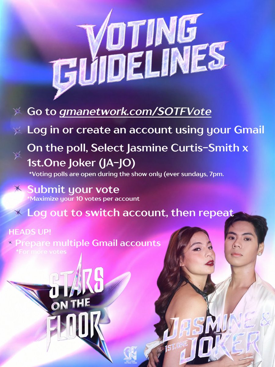 1stOneVT's tweet photo. For One &amp; Jasters, don’t miss a step! 🫡
Stay on track with the voting guidelines &amp; keep the votes coming for JASMINE &amp; JOKER🔥

Lock in your votes every Sunday, 7PM at https://t.co/If4KTxkp65 

#1stOne #1stOne_Joker
#JasmineCurtis #StarsOnTheFloor https://t.co/WRVBaGKC6Z