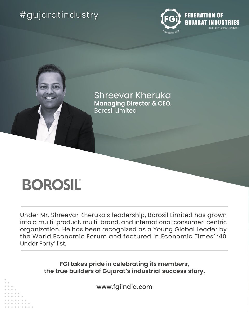 FGIGujarat's tweet image. Leadership that transforms industries.

Under Shreevar Kheruka, Borosil has grown into a global, multi-product brand, setting new benchmarks.

FGI celebrates leaders shaping Gujarat’s success.

#FGI #GujaratIndustry #LeadershipExcellence