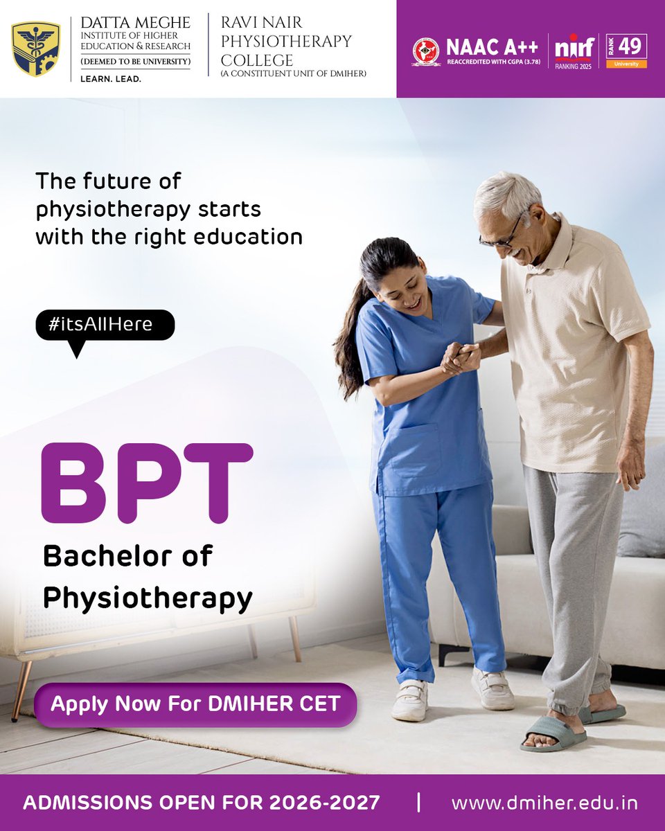 Dmiherdu's tweet image. Begin your journey in physiotherapy at Ravi Nair Physiotherapy College—Admissions open now!
👉 Apply Now: dmiher.edu.in/admission-2026…

#BPT #Physiotherapy #AdmissionsOpen #DMIHER #ItsAllHere #CareerInMedicine