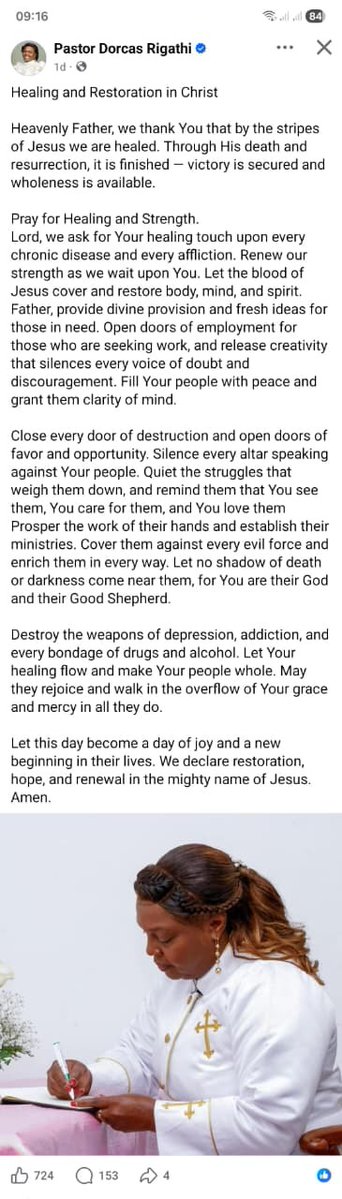 Pastor Dorcas's Facebook post: \"Healing and restoration in Christ.\" The comments are full of prayers.
#QuickRecoveryRiggy
Mt Kenya Mourns
Omba Omba Rigathi
Pray For Gachagua