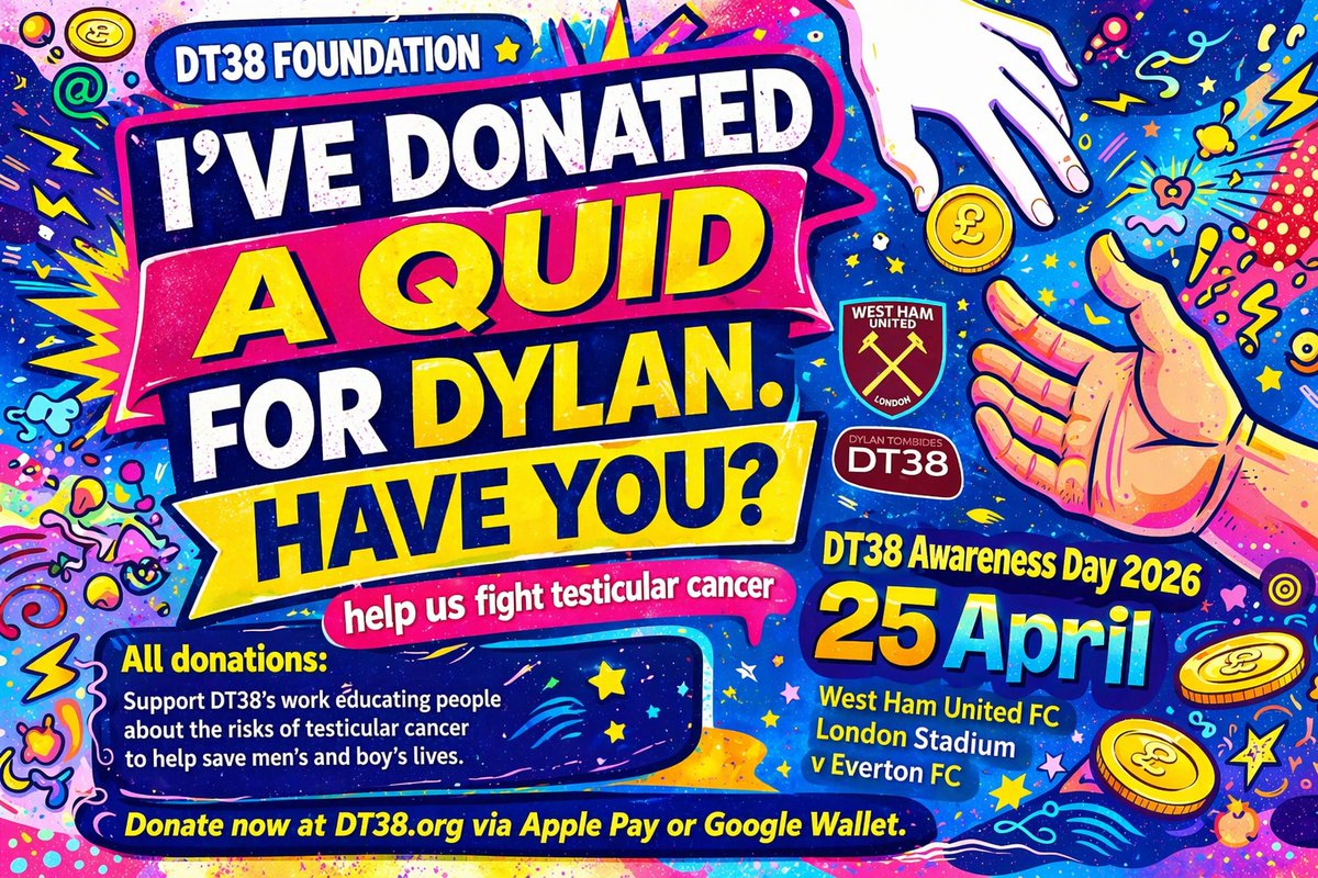Dylantombides's tweet image. I've Donated a Quid for Dylan. Have you?

Feel free to share this smashing graphic once you've Donated a Quid for Dylan today.

Donate a Quid for Dylan here: dt38.org/dt38-awareness…

DT38 Awareness Day with @westham ⚒️

#WeAreDT38 #Charity #RaisingAwareness #TesticularCancer