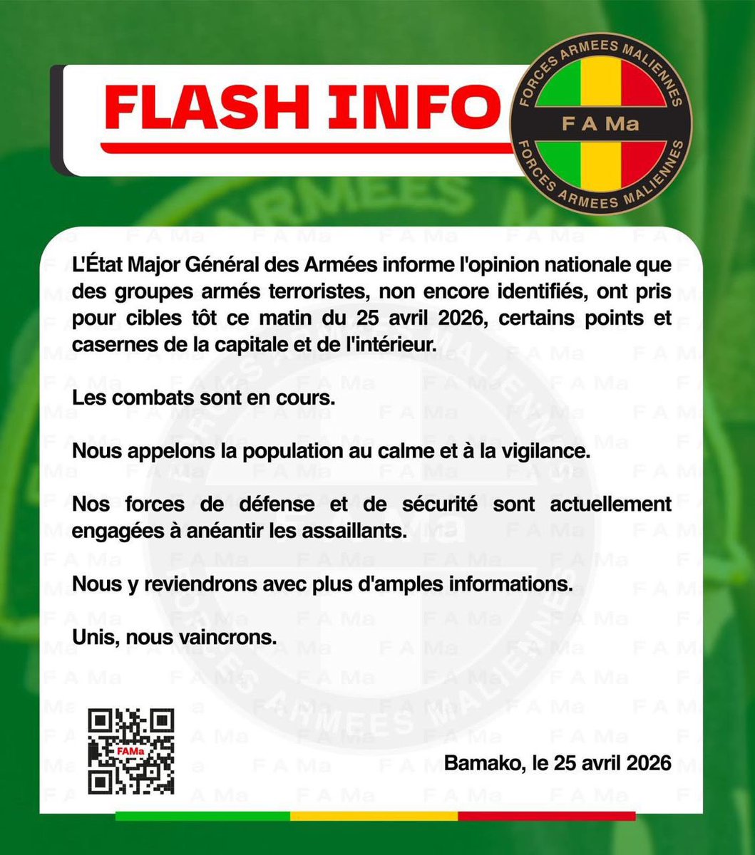 Mali 🇲🇱 | Urgent 🚨 | Depuis tôt ce matin du 24/05, d'intenses combats opposent les rebelles touaregs du FLA et des terroristes du JNIM contre les FAMa et les paramilitaires russes 🇷🇺 de l'Africa Corps dans plusieurs grandes villes du pays.

🔹 Au nord, Kidal est occupée par les