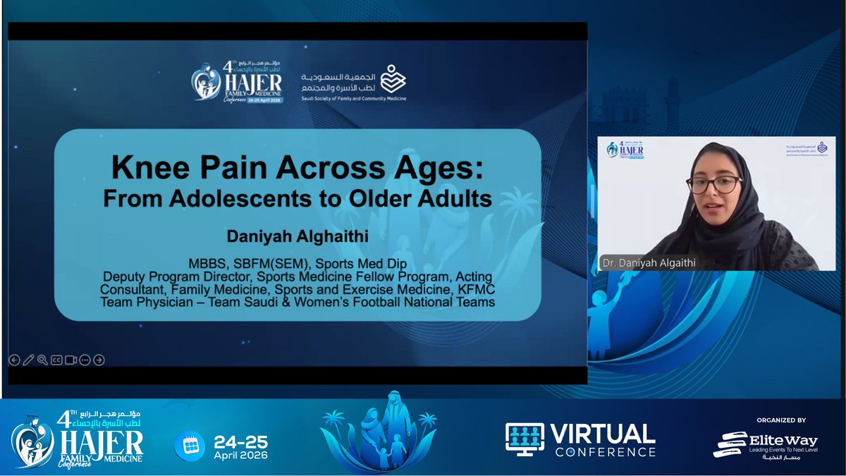 ConferenceHajer's tweet photo. Live NOW from Hajer2026 – Day 2 Highlights :

Sport Medicine &amp; Lifestyle exploring knee pain across ages and lifestyle approaches to fitness in everyday practice.

The 4th Hajer Family Medicine Conference going beyond treatment to healthy living. https://t.co/Andf0orWtY