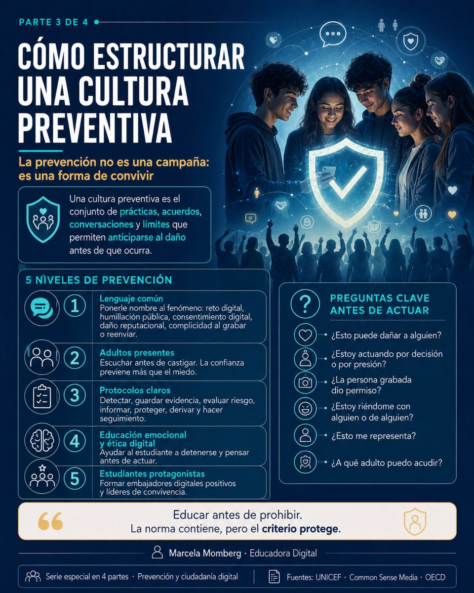 marcelamomberg's tweet photo. LOS RETOS DIGITALES: CÓMO NACEN, CÓMO SE MULTIPLICAN Y CÓMO PODEMOS PREVENIR 
( Con material de apoyo exclusivo para toda la familia ) 

UNA NUEVA FORMA DE RIESGO SOCIAL EN LA INFANCIA Y LA ADOLESCENCIA

Los retos digitales no son simples juegos de internet. Tampoco son solo modas pasajeras que aparecen, se viralizan y desaparecen. Son expresiones visibles de una cultura digital donde la atención, la imitación y la validación social se han convertido en monedas de enorme valor emocional.

Un reto digital nace cuando una acción —graciosa, absurda, peligrosa, humillante, provocadora o aparentemente inocente— se transforma en una invitación colectiva a repetirla. Puede comenzar como un baile, una broma, una prueba física, una confesión pública, una exposición íntima, una burla, una amenaza, una simulación de violencia o una conducta de riesgo. Lo preocupante no es solo el acto inicial, sino la velocidad con que se copia, se adapta, se exagera y se normaliza.

Para un adulto, muchos retos parecen incomprensibles. Para un niño o adolescente, en cambio, pueden operar como una llave de pertenencia: “si lo hago, existo”; “si me graban, me ven”; “si me río con otros, pertenezco”; “si me atrevo, gano estatus”.

Ahí está el núcleo del problema: el reto digital no vive solamente en una plataforma. Vive en la necesidad humana de ser mirado.

UNICEF ha advertido que la vida digital de niños y adolescentes abre oportunidades, pero también riesgos vinculados a violencia, exposición a contenidos dañinos, ciberacoso, vulneración de privacidad y conductas perjudiciales facilitadas por la tecnología. 

⸻

QUÉ ES UN RETO DIGITAL

NO ES SOLO UNA ACCIÓN: ES UNA CADENA DE IMITACIÓN

Un reto digital es una conducta que se propone, se muestra o se sugiere en entornos digitales para que otras personas la repliquen. Puede circular en redes sociales, grupos privados, chats escolares, videojuegos, transmisiones en vivo, comunidades cerradas o conversaciones informales entre estudiantes.

Lo esencial de un reto no es la plataforma donde aparece, sino su lógica de propagación.

Un reto tiene cinco elementos centrales:

1Una acción fácil de entender
Debe ser simple, reconocible y replicable. Mientras más fácil sea copiarlo, más posibilidades tiene de expandirse.
1Una recompensa social inmediata
Puede ser risa, aplauso, likes, comentarios, reputación, miedo o notoriedad.
1Un componente emocional fuerte
El reto suele activar vergüenza, humor, adrenalina, pertenencia, rabia, curiosidad o morbo.
1Una invitación explícita o implícita a repetirlo
“Hazlo tú también”, “etiqueta a alguien”, “atrévete”, “nadie se atreve”, “solo los valientes”.
1Una audiencia real o imaginada
El niño no actúa solo para sí mismo. Actúa pensando en quién lo verá, quién lo comentará y qué lugar ocupará después dentro del grupo.

Por eso, un reto digital puede parecer pequeño, pero contiene una estructura social muy poderosa: acción, audiencia, recompensa y repetición.

⸻

CÓMO NACEN LOS RETOS DIGITALES

DEL JUEGO AL RITUAL DE PERTENENCIA

Los retos digitales suelen nacer de manera espontánea, pero no crecen por casualidad. Aparecen cuando una conducta conecta con una emoción colectiva.

A veces comienzan como una broma entre amigos. Otras veces nacen desde influencers, creadores de contenido, comunidades anónimas o grupos cerrados. También pueden surgir por imitación de noticias, series, videojuegos, canciones, escenas virales o conflictos escolares.

Su nacimiento suele seguir una secuencia reconocible:

1Aparece una idea provocadora
Alguien realiza una acción distinta, absurda, graciosa o arriesgada.
1Se registra visualmente
El acto se graba, se fotografía, se cuenta o se transforma en contenido.
has conductas peligrosas no comienzan como violencia abierta. Comienzan como juego, ironía o presión social disfrazada de diversión.

⸻

CÓMO SE DESARROLLAN Y SE MULTIPLICAN

LA VIRALIDAD NO ES MAGIA: ES PSICOLOGÍA SOCIAL ACELERADA

4. LA ESCALADA … Sigue en imágenes adjuntas