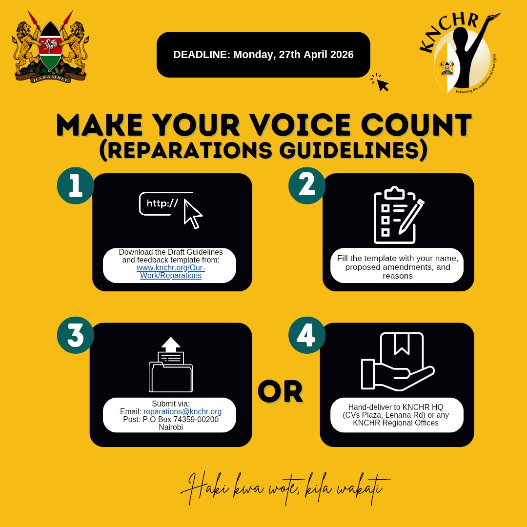 HakiKNCHR's tweet photo. Only 2 days to go! ⏳

Have you shared your views on the @HakiKNCHR Reparations Guidelines? Your voice matters in shaping a fair, inclusive and people-centered reparations process.

This poster provides a simple guide on how to submit your feedback as part of the ongoing public participation process.

Let your opinion count!
Submit your feedback before the deadline.
#hakikwawotekilawakati