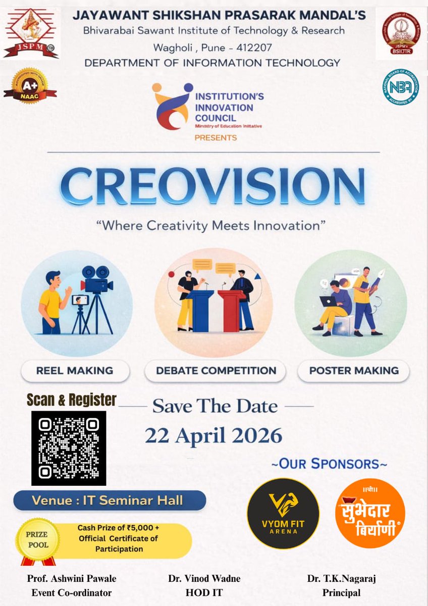jspmbsiotr's tweet image. Creovision 2026 was an extraordinary display of creativity and innovation, with participants excelling in Reel Making, Debates, and Poster designs. Congratulations to all winners, and sincere thanks to every enthusiastic participant. at it department
#Creovision2026
#EventSuccess