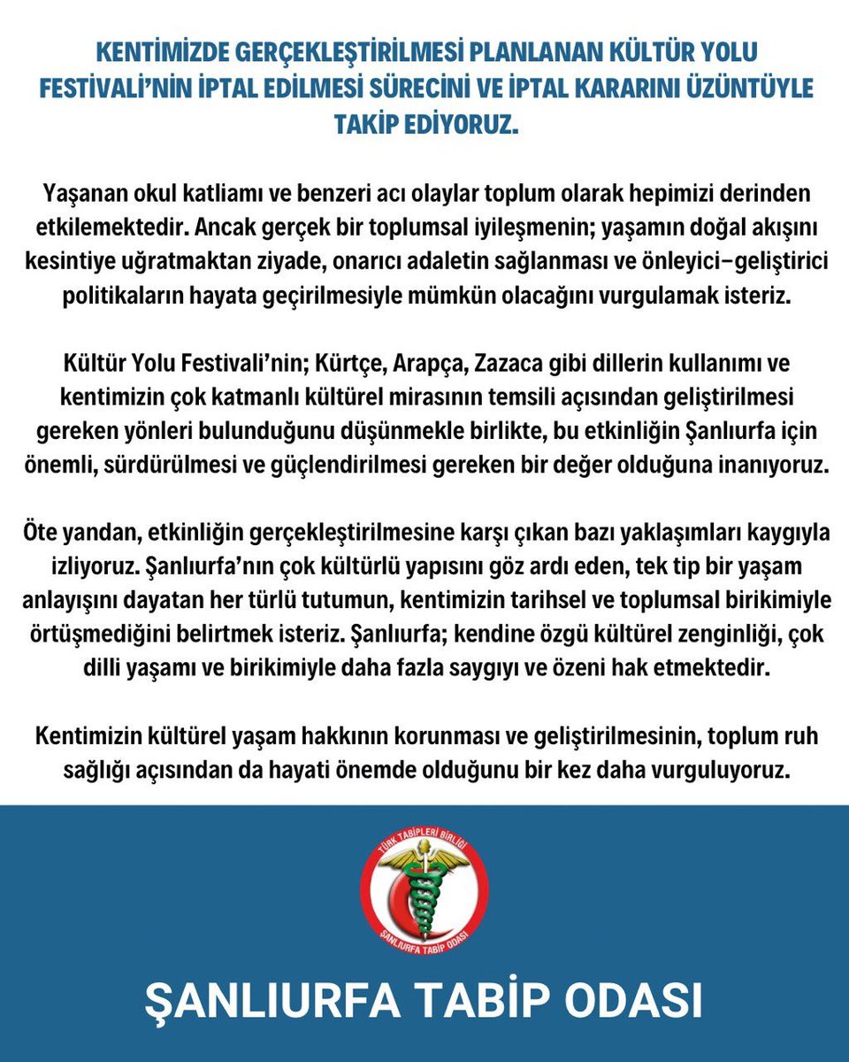 urfatabip's tweet photo. Şanlıurfa’da iptal edilen Kültür Yolu Festivali’ne ilişkin açıklamamız: https://t.co/RWIIL9nR1v