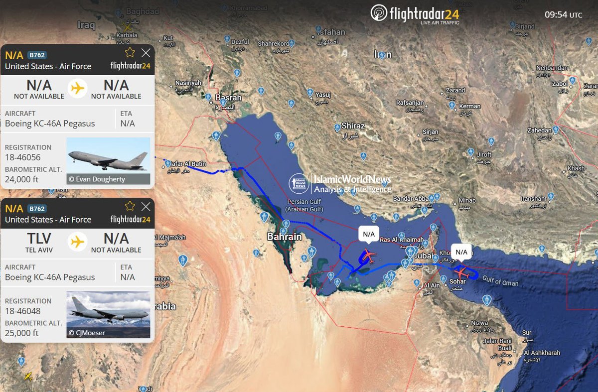 A7_Mirza's tweet image. 🇺🇸✈️ Right now; two refueling aircraft of the terrorist US army are flying over the Persian Gulf and the Sea of Oman.

#Iran #US