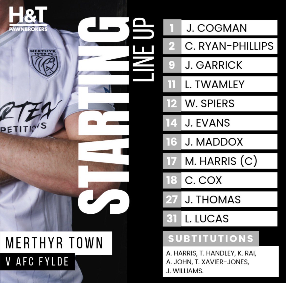MerthyrTownFC's tweet photo. 🚨TEAM NEWS🚨

Your Martyrs line-up to face AFC Fylde in the Enterprise National League North this afternoon! 

𝙏𝙃𝙀 𝙈𝘼𝙍𝙏𝙔𝙍𝙎! 🗣️

#OurTownOurClub | H&amp;T Pawnbrokers https://t.co/pVtgPT9NPn