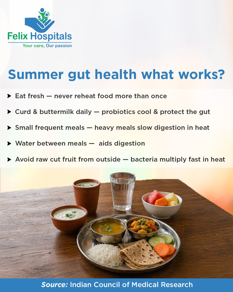 WellnessFelix's tweet image. Summer heat can quietly disturb your gut health. Fresh food, probiotics, hydration, and smart eating habits can make all the difference. Take extra care of your digestion this season.

#GutHealth #SummerCare #DigestiveHealth #FelixHospital